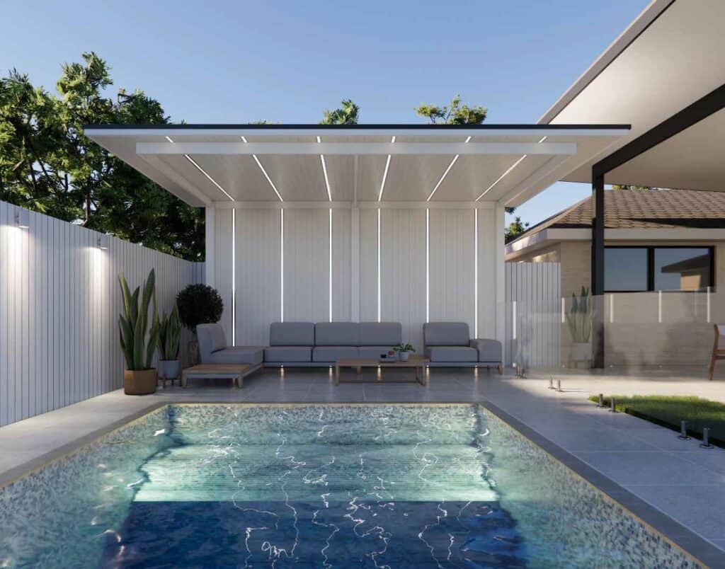 This freestanding pool cabana roof is beautifully framed by the Signature Series Z Flashing and Slimline Barge Cap.